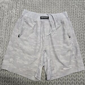 Alphalete Infinity Mens Grey Camo Athletic Training Shorts Size L Zipper Pockets
